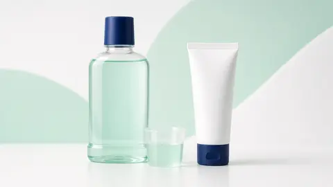 Mouthwash bottle and toothpaste tube for medicated oral care (illustrative)