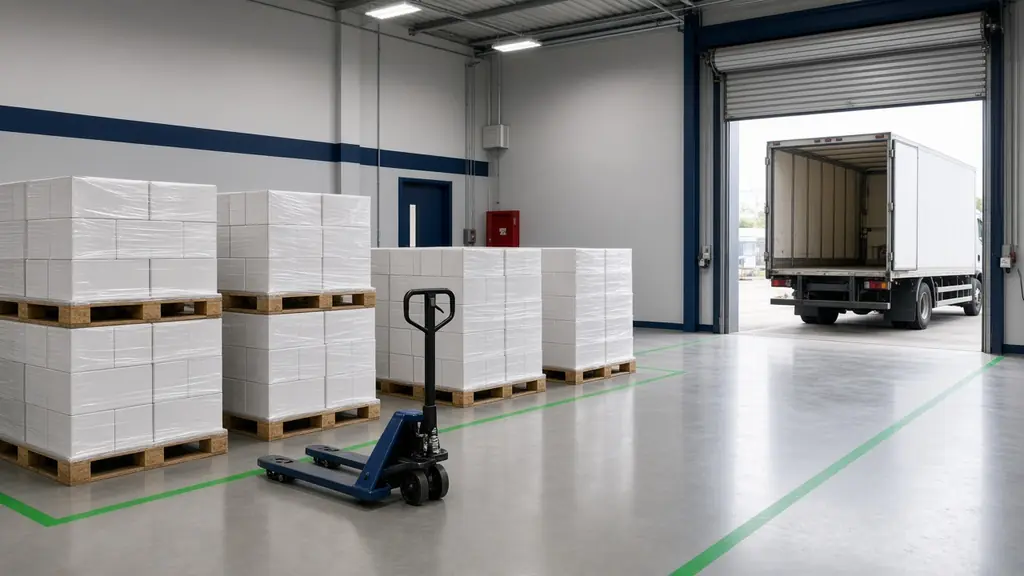 Illustrative finished goods warehouse with cartons ready for dispatch