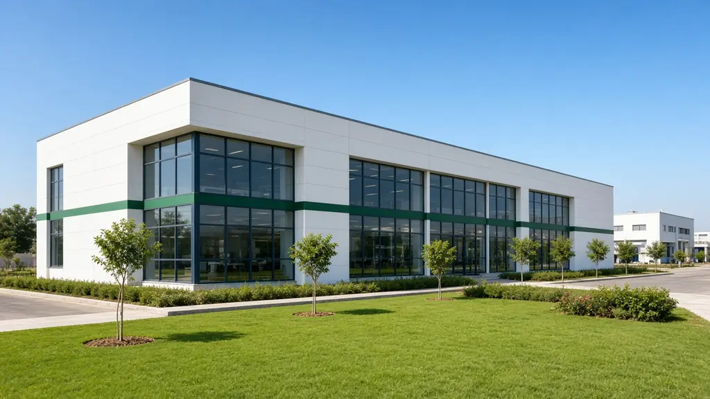Illustrative pharmaceutical manufacturing plant exterior in an industrial area