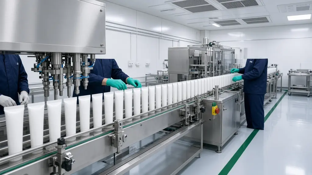 Illustrative automatic tube filling and sealing line for creams and ointments